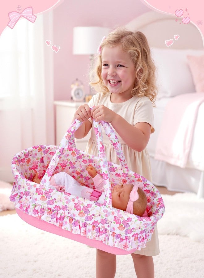 BABESIDE 2 Pcs Reborn Baby Doll Accessories, Pink Floral Baby Doll Bassinet with Pillow and Built-in Carrier, Foldable Doll Bed with Handle for 17-22 Inch Lifelike Dolls (Dolls Not Included) - Image 2